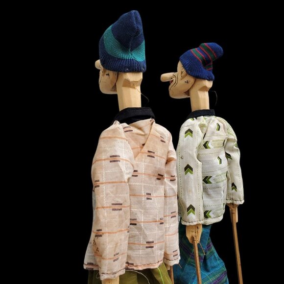 Two Hand Carved Puppets Wayang Golek Long Nose Java Indonesia Beanie Hats 17" - Picture 7 of 10